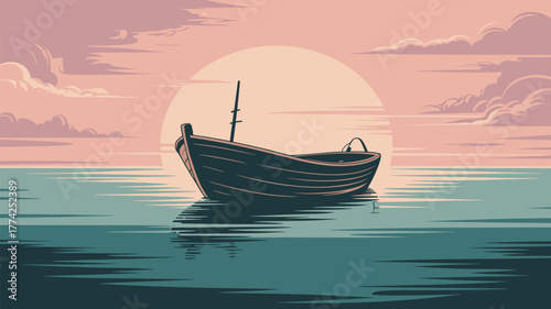 Boat Silhouette On Water With Sun Background Illustration