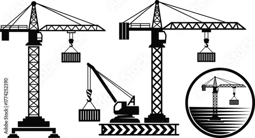 Construction cranes lifting containers silhouette set with tower crane, mobile crane, cargo transport, industrial equipment, shipping, logistics, emblem