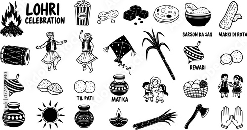 Lohri Celebration Doodle Icons Set. Traditional Indian Punjabi Winter Harvest Festival Elements: Bonfire, Dhol, Dancers, Kite, Sugarcane, Foods, Sweets, and Cultural Symbols.