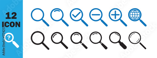 Magnifying glass loupe. Search icon vector. Magnifying glass icon set search, zoom, global, check