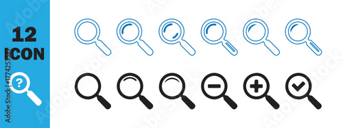 Magnifying Glass Icon Set - Search, Zoom, Find, Settings, User. Vector illustration eps 10