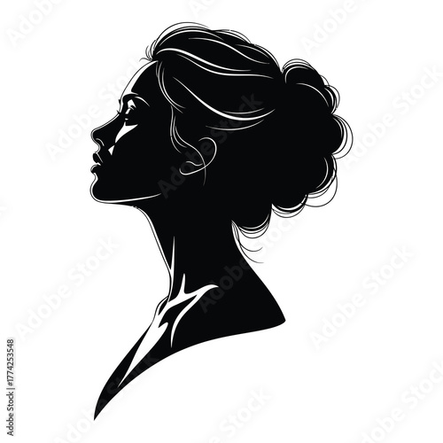 Elegant woman silhouette with classic updo hairstyle for beauty and fashion designs or timeless branding projects in black and white