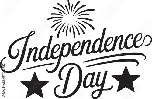 Independence day text with firework and stars