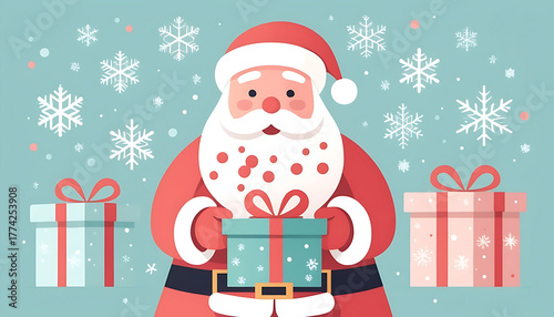 pastel minimalist illustration of Santa Claus with gift boxes and snowflakes