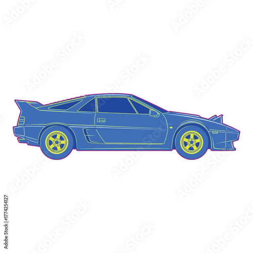 Retro blue sports car with pop up headlights and spoiler drives fast on highway at sunset