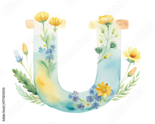 Floral Letter U Watercolor Monogram with Flowers vector illustration