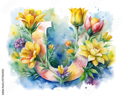 Watercolor Letter U with flower vector illustration