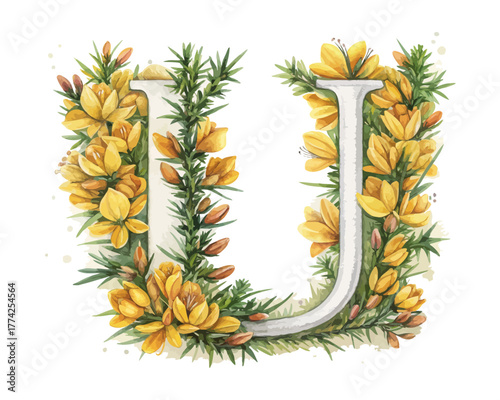 Floral Letter U Watercolor Monogram with Flowers vector illustration