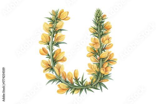 Floral Letter U Watercolor Monogram with Flowers vector illustration