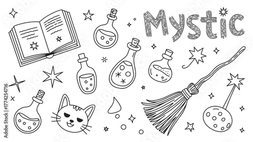 Enchanting mystic elements for Halloween, including cat, broom, potions, book, and stars, perfect for coloring pages and festive DIY projects