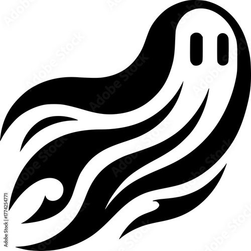 Ghostly Silhouette: A minimalist graphic showcases a spectral presence, captured in black and white. It has a smooth, flowing body, giving it an otherworldly appearance.