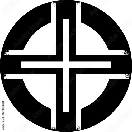 Abstract Cross Symbol: A minimalist design featuring a bold, graphic cross within a circular frame, symbolizing balance and direction.