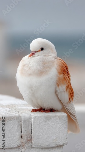 Close Up Of A White Dove Perched On A Ledge With Snow And Frost On Its Feathers With A Blurred Background