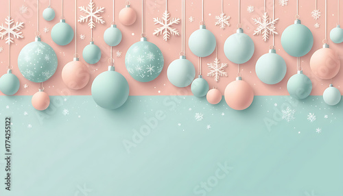 illustration of minimalist pastel Christmas background with soft decorations, snowflakes, baubles, ribbons, and gentle festive colors