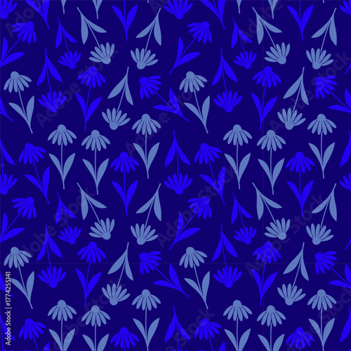 Elegant seamless botanical illustration featuring stylized blue meadow flowers on a dark navy background. Design for texture, fabric, clothing, decoration, print, and blanket.