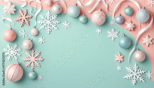 illustration of minimalist pastel Christmas background with soft decorations, snowflakes, baubles, ribbons, and gentle festive colors