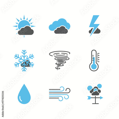 Weather symbols depicting various atmospheric conditions and forecasts on a clean white surface, representing meteorology and climate patterns.