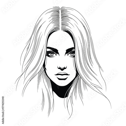 Captivating woman's striking portrait showcases bold lines and intense gaze perfect for modern beauty campaigns and fashion editorials