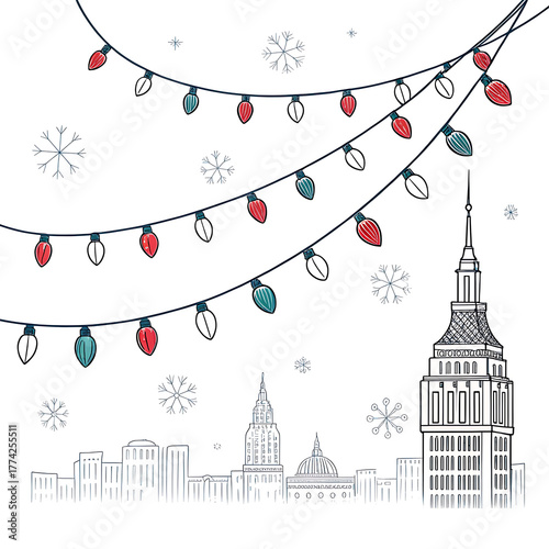 Hand drawn christmas lights and new york city skyline illustration