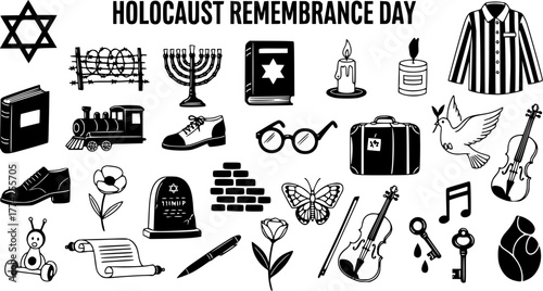 Holocaust Remembrance Day Doodle Icons: Star of David, Barbed Wire, Train, Candle, Violin  More. Black and White Vector Illustration.