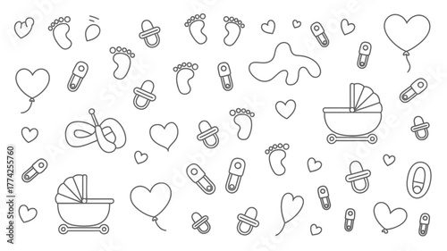 Adorable baby shower icons including footprints, pacifiers, strollers, and hearts create a charming celebration pattern