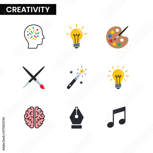Creative mind generating innovative ideas with lightbulbs, palette, brushes, pen and music notes in a clean and modern style, symbolizing inspiration and artistic expression.