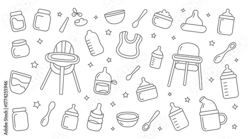 Adorable collection of baby feeding essentials, from bottles and bibs to high chairs, perfect for childcare and parenting themes