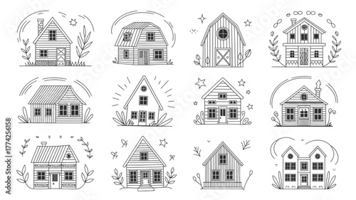 Charming hand drawn village collection featuring diverse cozy home illustrations with whimsical decorative elements, perfect for creating inviting designs.