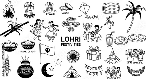 Lohri Festivities Hand-Drawn Doodle Set: Bonfire, Sugarcane, Popcorn, Rewari, Gajak, Makki di Roti, Dance, Kite, Dhol, Family, Gift, Decorations, and Harvest Symbols