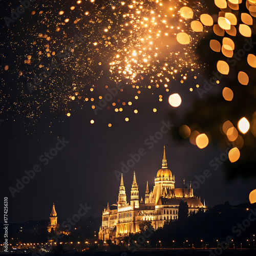 Majestic building illuminated at night with vibrant fireworks display overhead