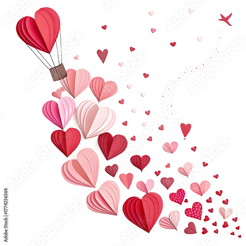 Paper hearts floating upwards on a white background