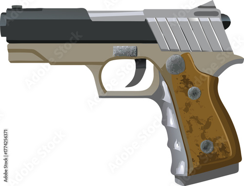 Detailed illustration of a semi automatic handgun with wooden grips shown