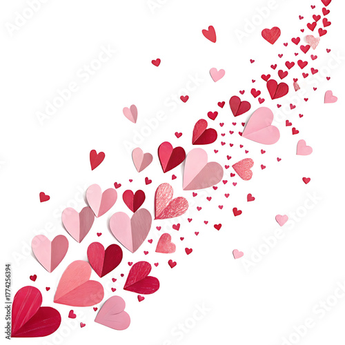 Scattered pink and red hearts flowing upwards on white background