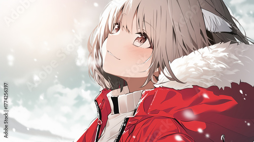 雪の中で空を見上げる少女　赤いコートが映える冬のアニメイラスト