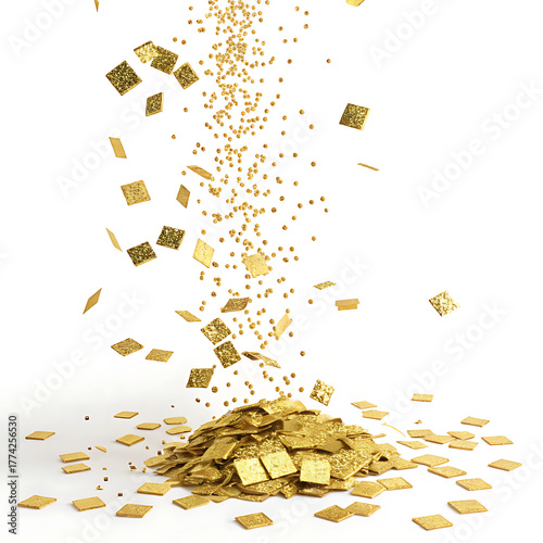 Golden confetti falling and accumulating in a pile on a white background
