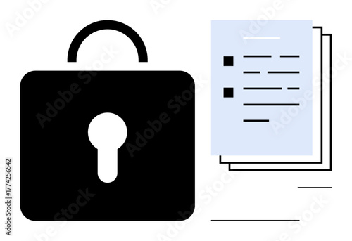 Black lock symbol beside a stack of documents highlighting secure information access. Ideal for privacy, encryption, safety, digital security, confidential data, file protection, risk management