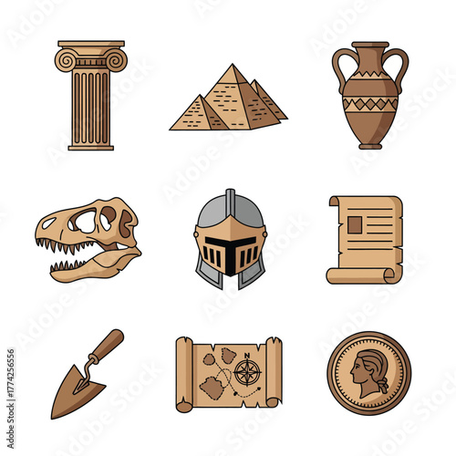 Ancient artifacts representing history and archeology displayed against a white backdrop showcasing relics and discoveries from bygone eras.