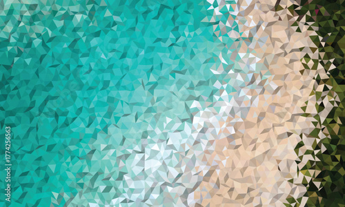 Abstract low-poly aerial view of a turquoise ocean meeting a sandy beach with lush green foliage border