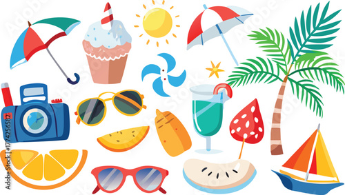 Colorful summer vacation elements including beach items and tropical treats