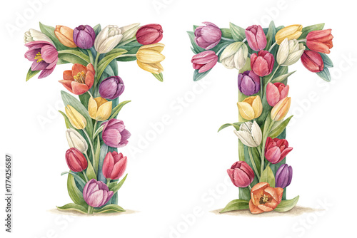Botanical Alphabet T Watercolor Flower Letter vector illustration