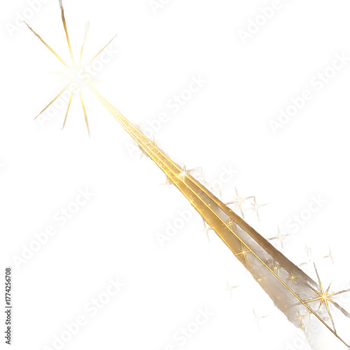 Bright sparkler with glowing embers and light trails on white background