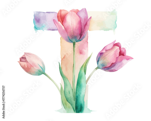 Botanical Alphabet T Watercolor Flower Letter vector illustration