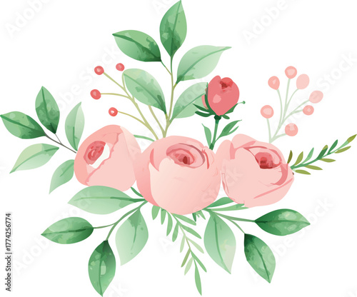 Watercolor floral arrangement with pink roses and lush green foliage