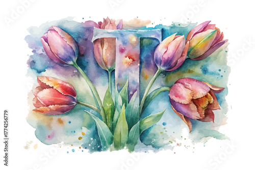 Watercolor Letter T with flower vector illustration