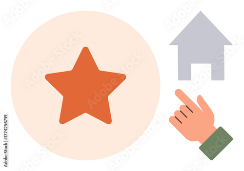 Hand gesture pointing to a house and a star, suggesting selection or priority. Ideal for concepts thumbs up decision making, achievement, goals, preferences, ranking, user interaction, simple flat