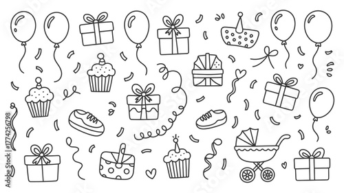 Joyful celebration elements like balloons, cupcakes, gifts, confetti, and a baby stroller create a festive, whimsical pattern for baby showers and birthdays.