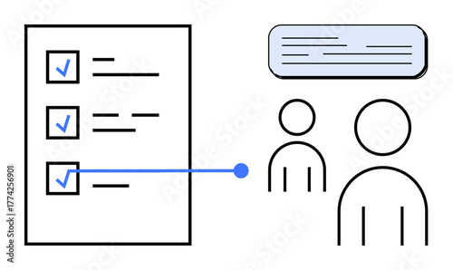 Checklist with marked tasks, speech bubble, and two outlined team members. Ideal for productivity, planning, teamwork, communication, collaboration organization task prioritization. A simple flat