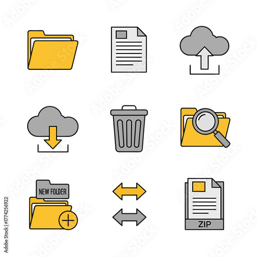 Collection of data management symbols arranged on white surface representing organization and storage of digital files in a modern style.