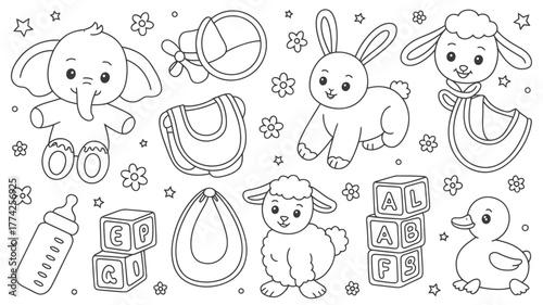Delightful collection of adorable baby animals and essential nursery items perfect for coloring and creative projects