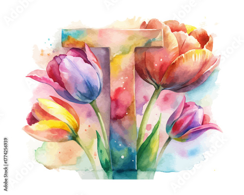 Floral Letter T Watercolor Monogram with Flowers vector illustration